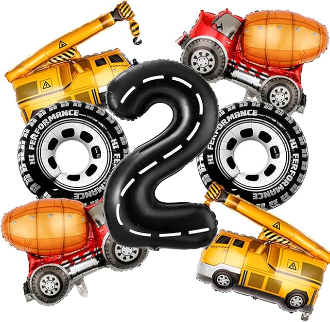 2nd Birthday Decorations for Boys Construction Balloons 40inch Number 2 Balloons Truck Foil Balloon for Construction Birthday Party Decorations Supplies