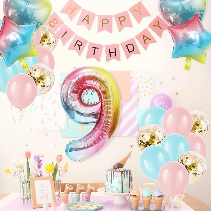 9th Birthday Decorations for Girls - Gradient Color Age 9 Balloons With Happy Birthday Banner for Baby Showers, Ninth Party Supplies for Girls Boys