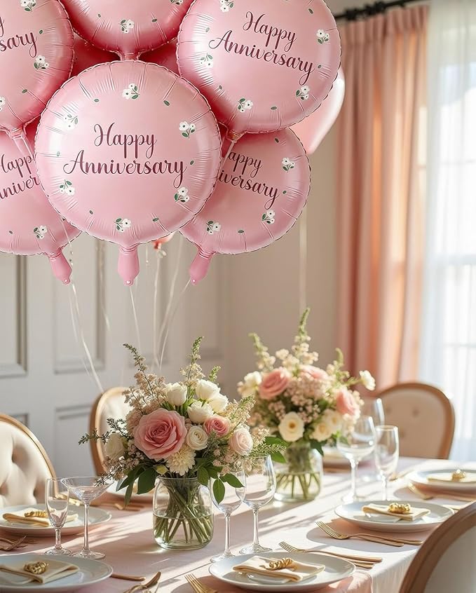 6 Pcs Happy Anniversary Balloons 18 Inch Round Foil Helium Balloon Birthday Engagement Wedding Celebration Anniversary Party Decorations Supplies Pink