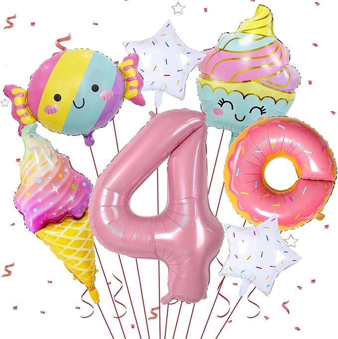 Donut 4th Birthday Decorations - Sweet Party Supplies with Foil Balloons & Backdrops for Girls