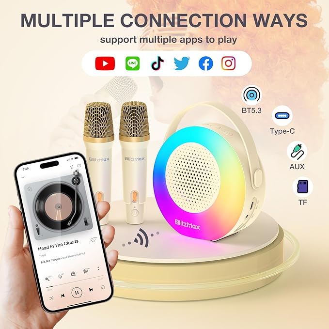 Karaoke Machine for Kids，Mini Portable Bluetooth Speaker with 2 Wireless Microphones,Karaoke Toys Gifts with Interactive Lights and Sound for Girls Boys Adults Home Party Birthday-Beige
