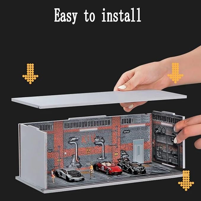 1/64 Model Car Display Case Diecast Diorama Garage，Simulated Parking Lot Model Miniature Scene Parking Lot PVC Assembly with Light Parking Space Model Display Frame Toy Display Box (Grey)