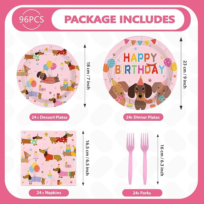 96Pcs Dachshund Dog Birthday Party Decoration Pink Wiener Dog Puppy Plates and Napkins Cartoon Puppy Pet Themed Disposable Paper Tableware Set for Kids Birthday Party Supplies Serves 24