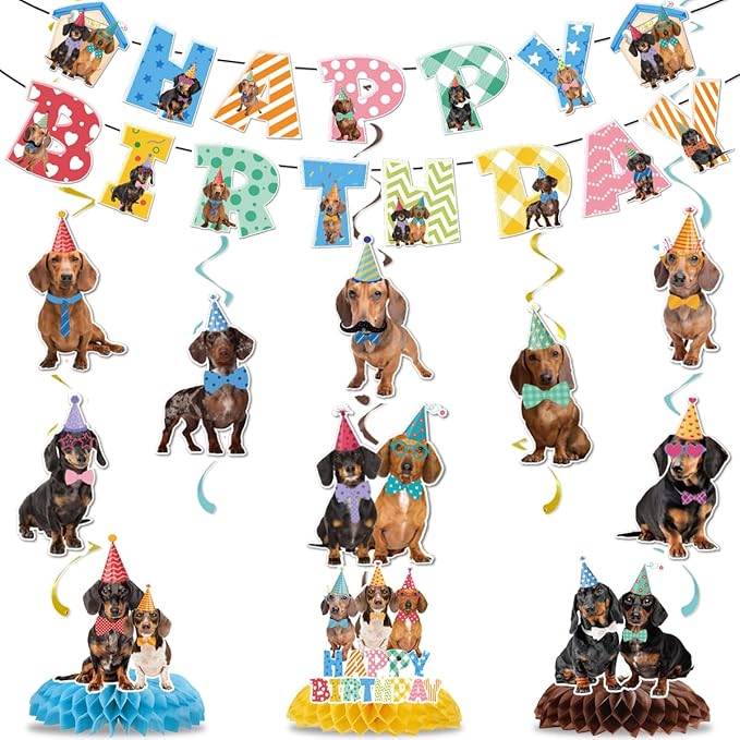 Dachshund Dog Birthday Decorations Include Happy Birthday Banners Dachshund Hanging Swirls Honeycomb Centerpiece Puppy Pet Dog Birthday Theme Party Supplies