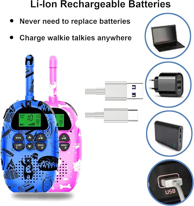 USA-Designed KidzAdventure Rechargeable Walkie Talkies for Kids 2 Pack - 48 Hours Battery 3 Miles Range 22 Channels 2 Way Radio Voice Activation. Best Hiking, Camping & Outdoor Kids Toy Gift Ages 5-10