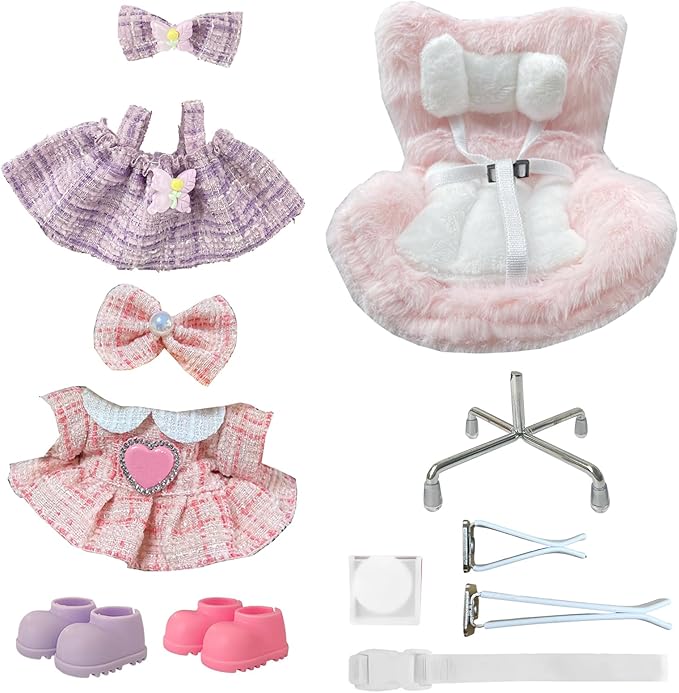 Doll Car Seat & 2 Outfit Set (No Dolls), Car Seat for 10–17cm Dolls with Vent Clip & Seat Stand, Doll Clothes with Shoes, Cute and Functional Accessories Set