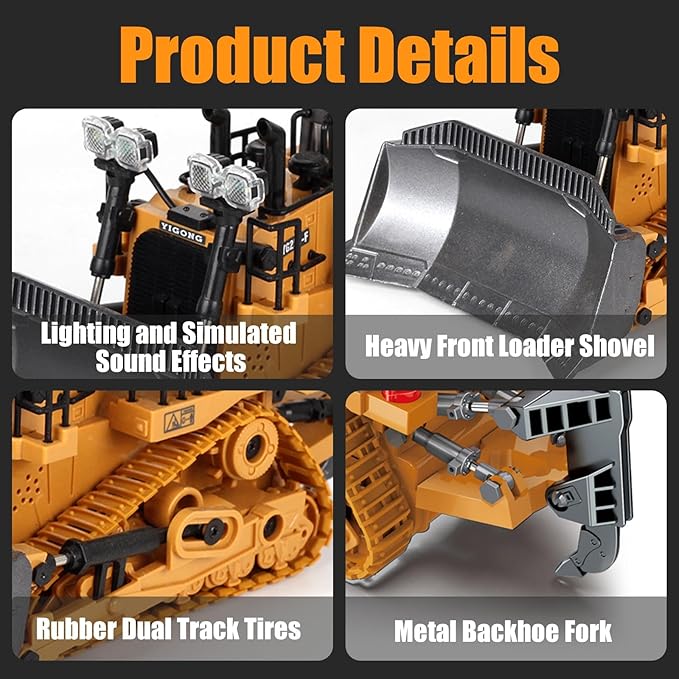 Remote-Controlled Bulldozer, a 9-Channel Toy Bulldozer, 2.4GHz, with Lights and Sound Effects, is The for Children Aged 6-11 and up