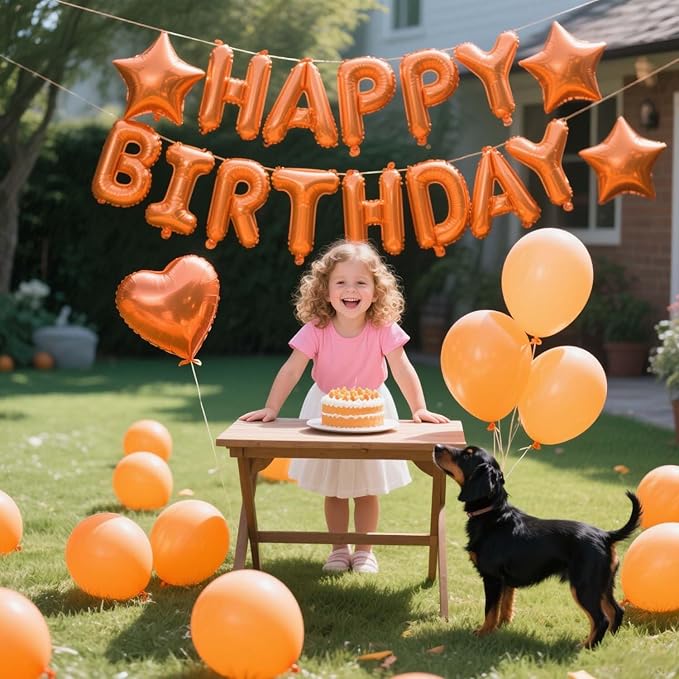 27 Pcs Orange Birthday Decorations, 3D Letters Orange Happy Birthday Balloon Banner, Pentagram Heart Foil Balloons Confetti Balloons Kit For Boys Girls Party Supplies