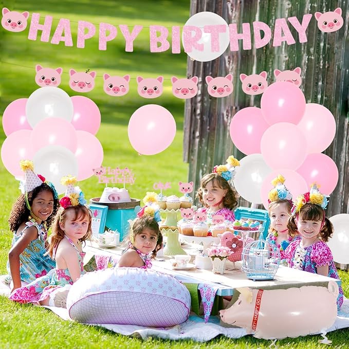 Pink Pig Happy Birthday Banner Pig Birthday Party Supplies for Girl Pig Garland Pig Theme Bday Decoration Piggy Party Supplies