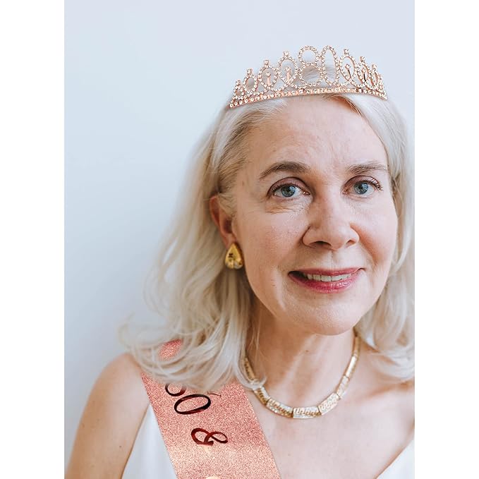 CIEHER 80th Birthday Crown + Sash + Pearl Pin Set, Elegant Gift for Women's 80th Birthday Party Decorations