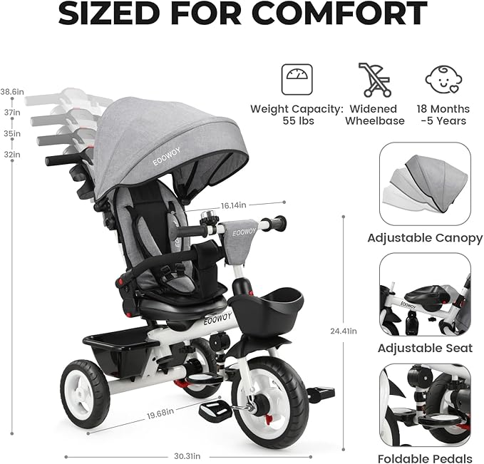 Toddler Tricycle with Push Handle, 7 in 1 Stroller Trike with 360° Swivel Seat, Reclining Backrest, All-Terrain Wheels, Dual Brakes, Canopy & Storage, Gift for Kids 18 Months to 5 Years, Gray