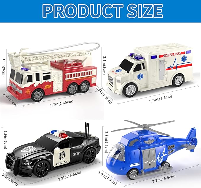 TEMI 4 Pack Emergency Vehicle Toys for Kids 3 4 5 6 7 8 Years Old, Helicopter, Police Car, Fire Truck, Ambulance Friction Powered Toys for Toddlers, Gifts for Age 3-12 Boys Girls