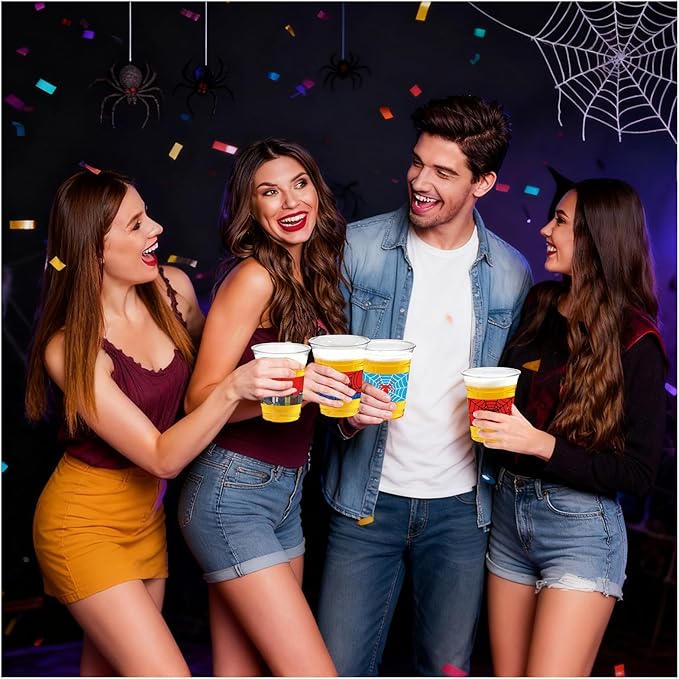 100Pcs Spider Web Birthday Party Decorations Cups, 12 OZ Disposable Plastic Drinking Cups Hot Cold Drink Wine Coffee for Home Sports Birthday Christmas Themed Holiday Party Supplies Favors