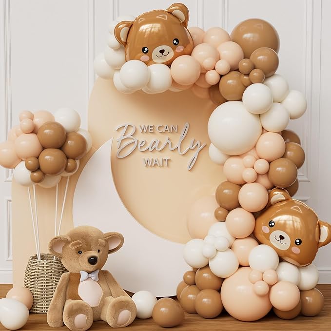 Bear Balloon Garland Arch Kit 121pcs Sand White Brown and Bear Foil Woodland Animal Balloons for We Can Bearly Waits Bear Theme Birthday Party Supplies