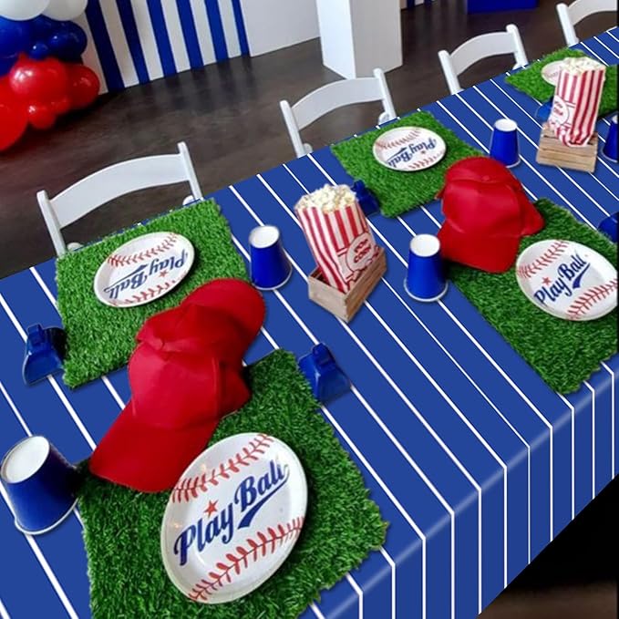 4 Pcs Plastic Baseball Tablecloths, Rectangle Blue Stripe Party Table Cloth for Baseball Game Day Sports Theme Party Supplies, 51 x 86 Inches