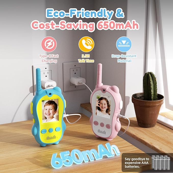 Video Walkie Talkies for Kids, 2 Pack Rechargeable Video Call Toys with 2'' Screen, Long Range 2-Way Radios, Voice Changer & Sticker Effects, Indoor, Outdoor Camping Gift for Boys Girls Age 3-12