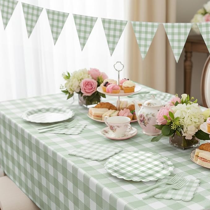 102 PCS Sage Green Gingham Party Supplies - Scalloped Plates, Napkins, Cups, Forks, Banner, Gingham Tablecloth for Baby Shower, Wedding, Birthday, Serves 25