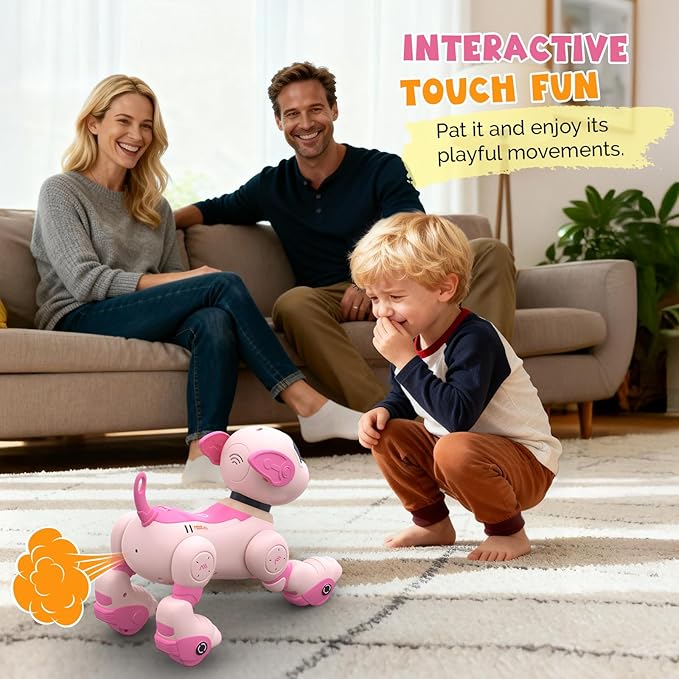 PRANITE Robot Dog, Programmable Remote Control Dog Toy for Kids with One-Key Following, Voice Control, Touch, Dance, Sing, Smart RC Stunt Puppy Toy Gift for Boys Girls (Pink)