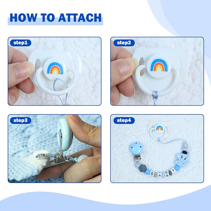 SCOM Reborn Baby Doll Accessories Set - Rainbow Magnetic Pacifiers & Removable Reusable Baby Doll Bottles with Silicone Pacifier Clips for Reborn Dolls Boys for Doll Lover, Blue Style, 3 Pcs