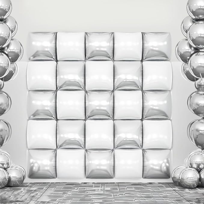 Silver White Square Foil Balloon Wall,25Pcs Double Sided Foil Balloons Backdrop Helium Tunnel Arch Garland Kit for Birthday Bridal Anniversary Baby Shower Winter Party Decorations