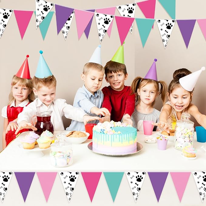 Tiamon 5 Pcs Blue and Pink Dog Paw Birthday Banner Decoration Purple and Puppy Paw Print Pennant Bunting 49.2 Ft Puppy Print Triangle Flag for Boy and Girl Birthday Dog Baby Showers Party Decoration