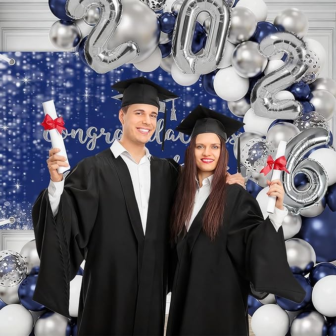 MEHOFOND Class of 2026 Graduation Balloon Arch Kit 152PCS Blue Silver Congrats Grad Decorations with 2026 Number Balloons for High School College Graduation Party Supplies