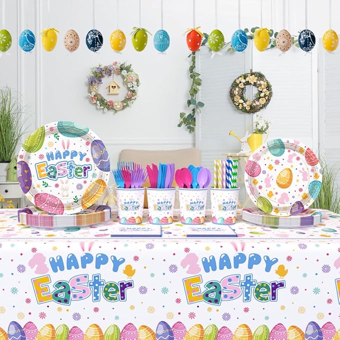 194 Pcs Easter Party Supplies Decorations Happy Easter Party Plates Napkins Decorations Bunny Egg Easter Disposable Tableware Set with Plates Napkins and Tablecloth Serves 24 Guests