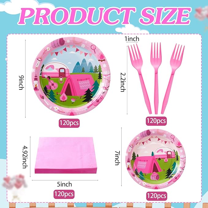 Zubebe 120 Pcs Pink Camping Party Supplies for 24 Guests: 48 Plates, 24 Cups, 24 Napkins, 24 Forks - Camping Theme, Disposable, Lightweight