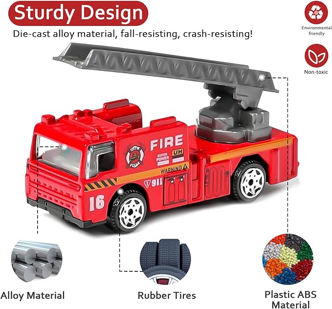 Fire Truck Toy for Boys, 6 Pcs Diecast Car Fire Truck, Helicopter,Ladder Truck, Fire Rescue Vehicle, Car Playsets Birthday Gift for Boys Kids Age 4 5 6 7 8 9 10 11 12