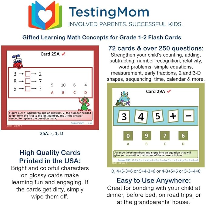 TestingMom.com Gifted Learning Flash Cards – Math Concepts for 1st Grade - 2nd Grade – Addition, Subtraction, Fractions, and More for Grade 1 - Grade 2 CogAT Test, Iowa Test, NYC Gifted and Talented