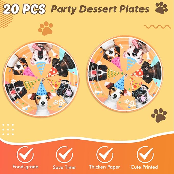 41pcs Dog Theme Tableware Set - Puppy Plates, Napkins, Tablecloth for Girls Birthday - Paw Print Party Favors Kit