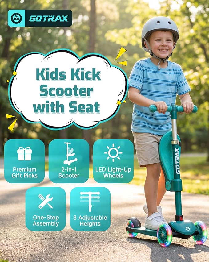 Gotrax KS3 Kids Kick Scooter, LED Lighted Wheels, Adjustable Height Handlebars and Removable Seat, Lean-to-Steer & Widen Anti-Slip Deck, 3 Wheel Scooter for Kids Ages 2-8 and up to 110 Lbs