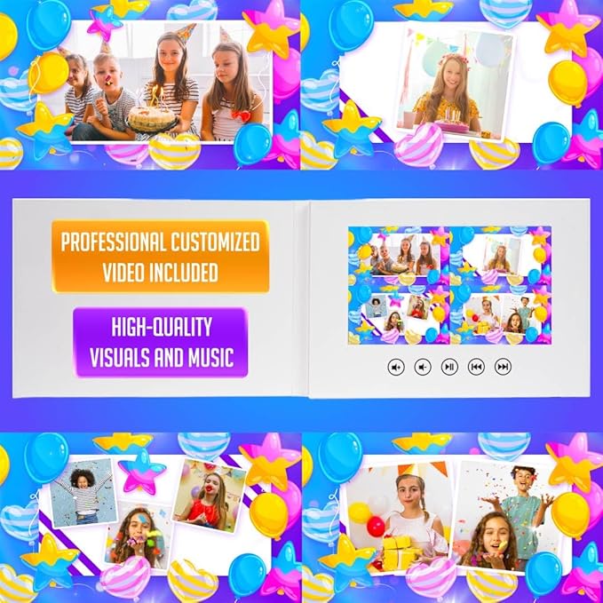 Personalized Kids Birthday Greeting Card – Upload Photos for Slideshow – Unique Video Gift – 7” LCD Digital Screen, 8GB Internal Storage, Rechargeable via USB Cable