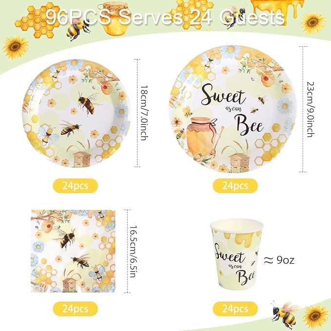 96Pcs Bee Party Decorations Bee Paper Plates and Napkins and Cups Baby Shower Sweet One Kids First Birthday Tea Party Decorations Supplies, Serves 24