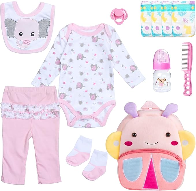 Reborn Baby Doll Clothes Pink Elephant 12 Pcs for 18-20 Inch Baby Doll Clothes Butterfly Backpack Diapers Accessories Girl
