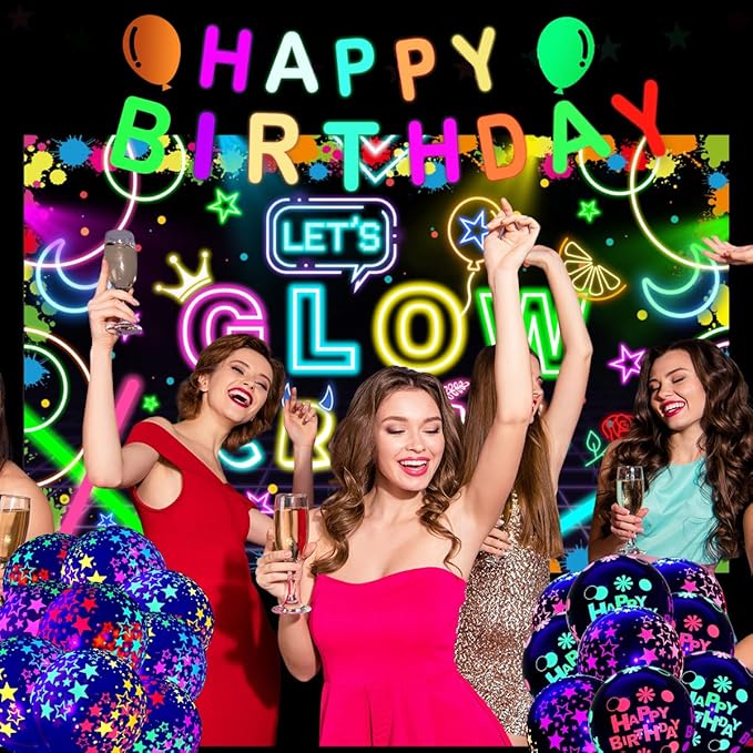 Neon Glow Party Decorations Supplies Include Neon Let's Glow Backdrop Glow in The Dark Party Supplies, 18Pcs Glow in the Dark Balloons and 1Pcs Glow Party Banner for Neon Birthday Party Decorations