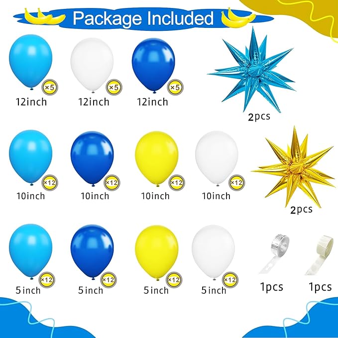 117 Pcs Yellow Blue White Balloon Arch Kit, for Cartoon Banana Theme Birthday Party Decorations Boys and Girls Gatherings Party Supplies