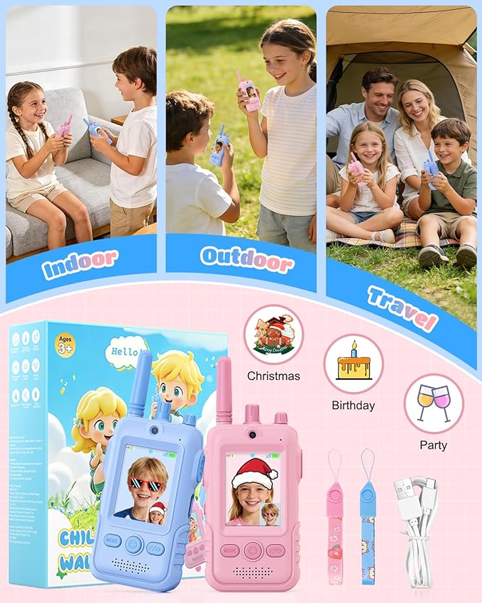 Walkie Talkies for Kids, 2 Pack Rechargeable Video Intercom Kids Walkies Talkies, Indoor Outdoor Toys Gifts for Family Games, Outside, Camping, Hiking for Boys Girls Ages 3-6(Pink+Blue)