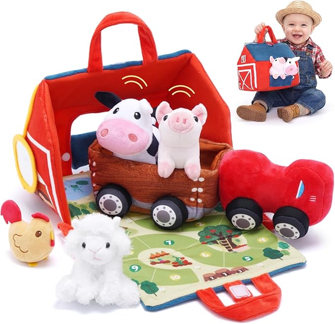 OUOZZZ Farm Stuffed Animals Toys Set for Toddlers 1 2 3 Year Old Soft Plush Playhouse with Sensory Tractor, Animal Friends with Bell Sound & Activity Mat – Portable Toy Gift for Baby Boys & Girls 9.4"