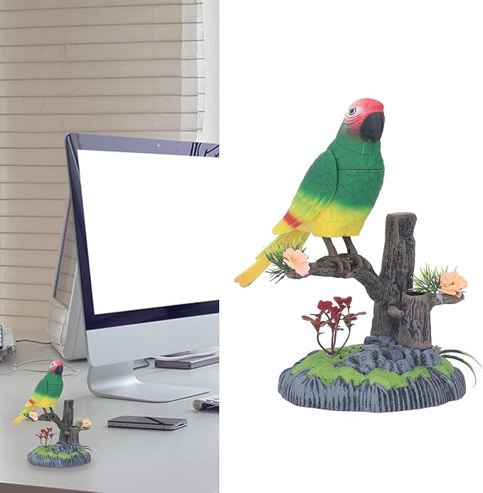 Talking Parrot Toy, Repeats What You Say Electric Battery Operated Control Voice Parrots Sound Activated Chirping Fluttering Birds Toys Electric Interactive Animated Toy for Garden (2)