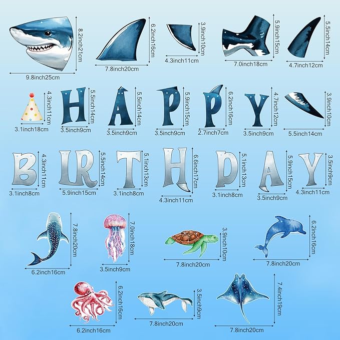Hooqict Ocean Birthday Party Decorations Shark Happy Birthday Banner Garland Sea Ocean Party Banner for Kids Boys Under The Sea Animal Themed Party Decorations