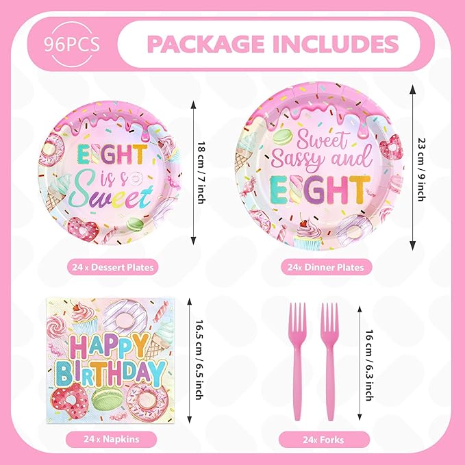 96 Pcs Sweet Sassy and 8 Birthday Decorations Donut 8th Birthday Party Decorations for Girls Colorful Donut Plates and Napkins 8 Years Old Disposable Party Supplies Serves 24