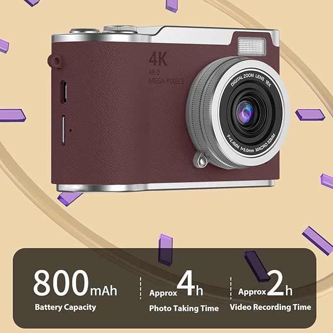 Denash Foldable Screen Kids and Beginners Camera,4K Digital Camera for Photography,48MP Digital Foldable Support 16X Zoom with Flip Scree (Brown)