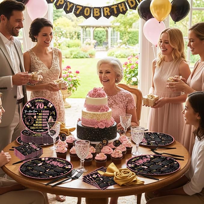 96Pcs 70th Birthday Decorations Women Tableware Set Rose Gold Back in 1956 Paper Plates Napkins Forks Cheers to 70 Years Disposable Tableware Decor for 70th Bday Theme Party Favor Serve 24 Guests