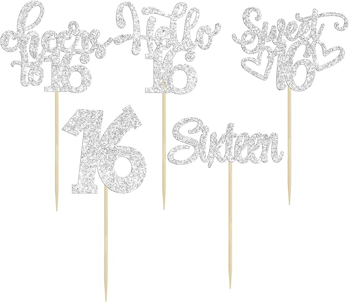 30Pcs 16th Birthday Cupcake Toppers Sixteen Happy 16 Cupcake Picks Cheers to 16 Sweet 16 Cake Decorations for 16th Birthday Anniversary Party Supplies Silver Glitter