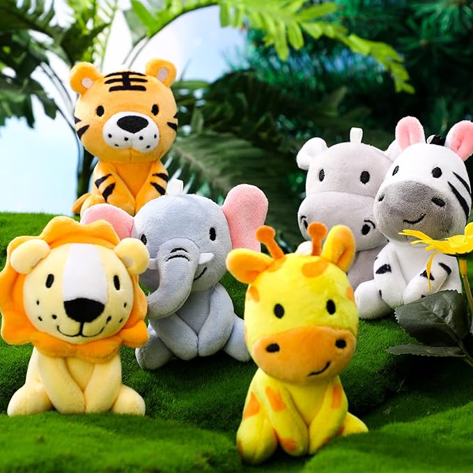 Aoriher 6 Pcs Mini Stuffed Forest Animal Bulk Jungle Plush Animal 4 Inch Plush Elephant Lion Tiger Giraffe Panda for Baby Shower Christmas Birthday Gift Stuffer Themed Party Decoration(Lovely)