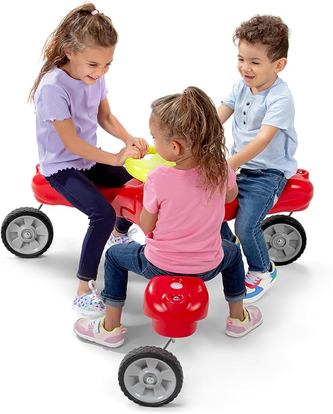 Simplay3 Boomerang Bike Ride-On Trike Toy for Ages 1.5-5, Accommodates Up to 3 Kids, Swivel Caster Wheels, 32" x 32" x 19.5", Red