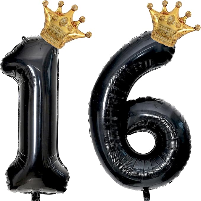 40 inch Large Black 16 Balloon Number with Gold Crown Balloons 16th Birthday Big Foil Mylar Helium Balloon for Boys Girls 16th Birthday Anniversary Decorations Supplies Favors(Number 16 Balloons）