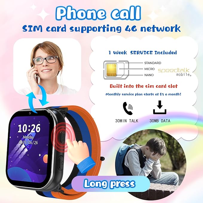 Smart Watch for Girls Boys, Kids Smartwatch with 4G SIM Card, Smart Watch for Kids Touch Screen SOS Emergency Call Calculator Clock Camera Games Music Player, Toys Gifts for Ages 4-12 (Black)