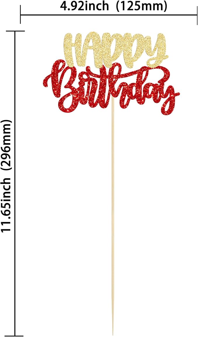 Gyufise 12Pcs Happy Birthday Centerpieces Sticks Double Sided Glitter Birthday Party Decorations Anniversary Table Flower Centerpiece for Celebrating Party Supplies Gold Red